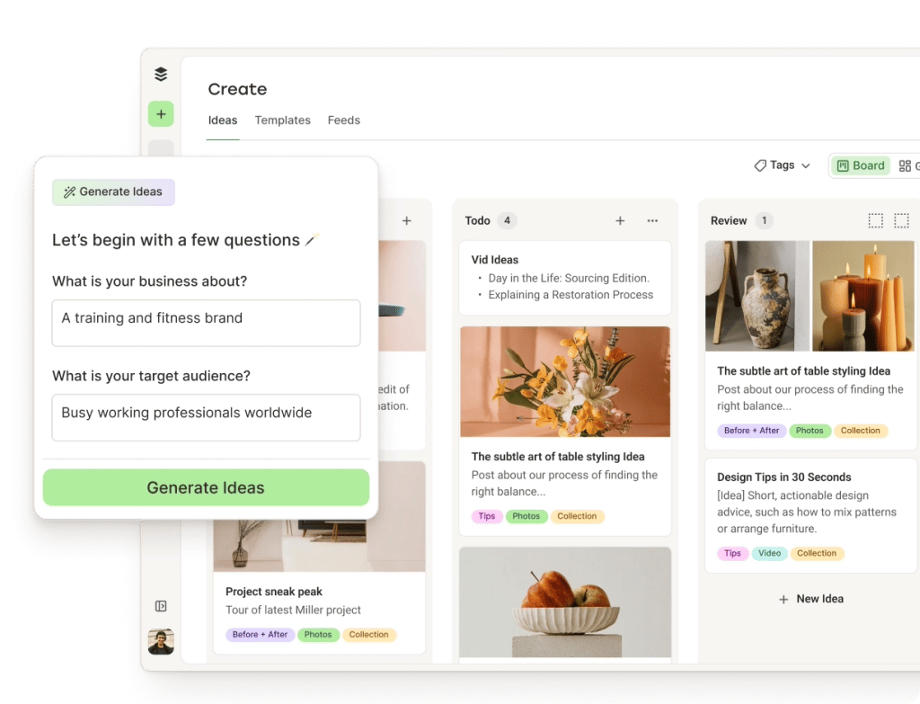 Buffer Create space with columns and sorting for content ideas, including an AI Assistant for generating posts and refining content.