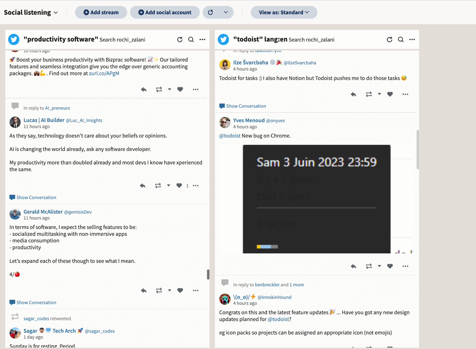Hootsuite social listening dashboard displaying multiple tweet streams and keyword searches, showing how social media management tools help monitor conversations.