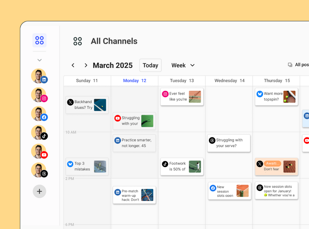 Buffer content calendar dashboard showing scheduled posts across multiple platforms, illustrating how batching and auto-publishing help creators work smarter and get more Instagram followers..