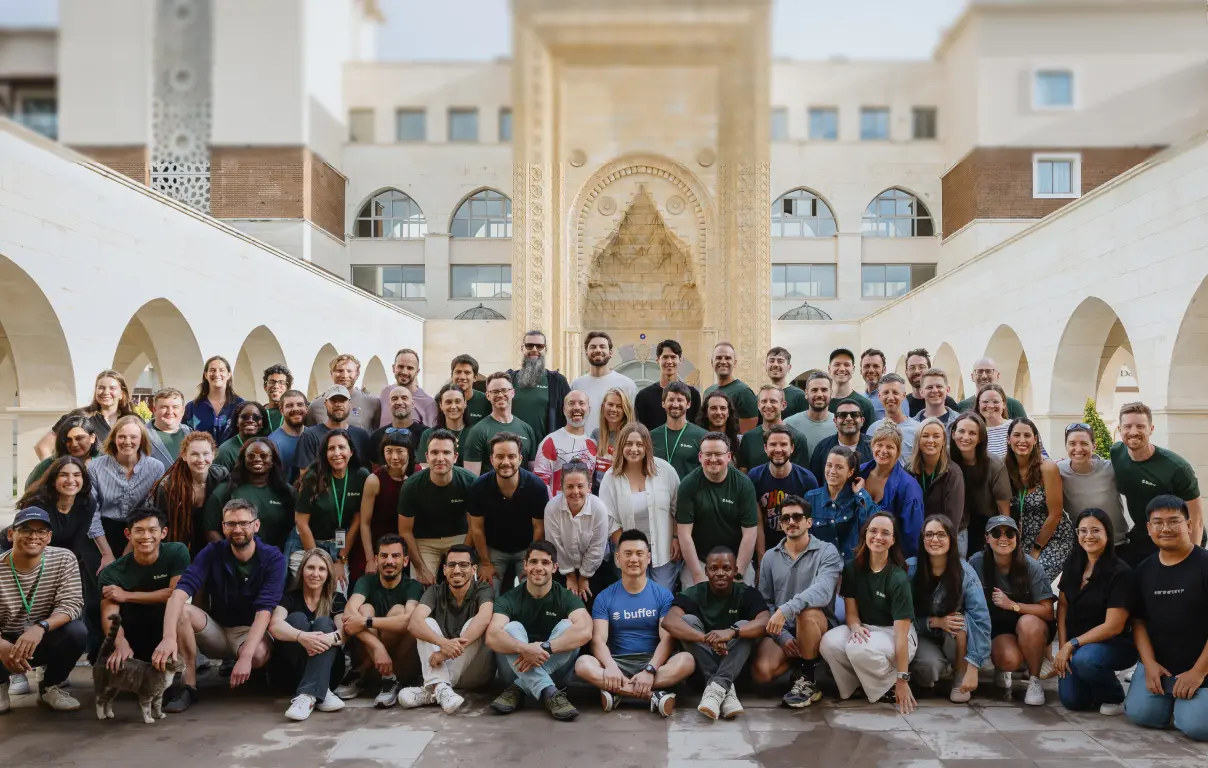 The Buffer team gathered during the 2025 Turkey retreat in front of a hotel with traditional relief carved decoration.