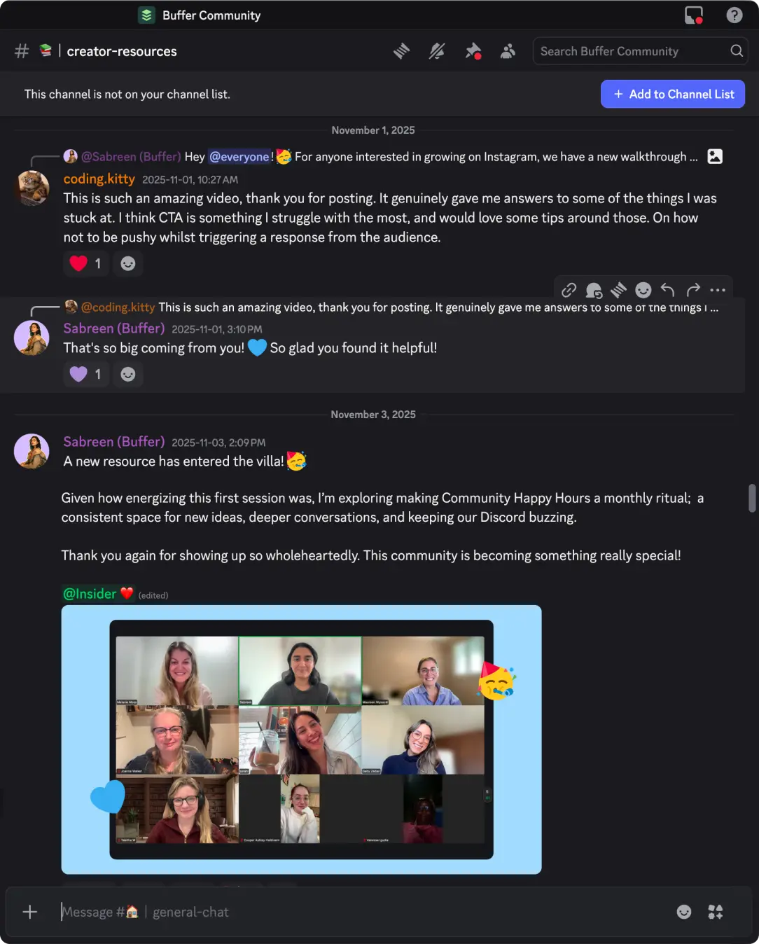 Buffer community Discord with real conversations for content feedback, live sessions, and supportive discussions.