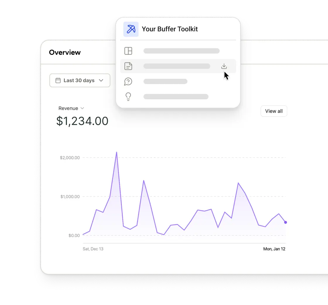 Buffer partner program earnings overview with revenue charts for the last 30 days and your Buffer toolkit.