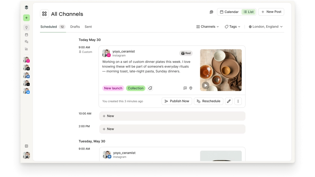 Buffer Publish view with List and Calendar options to view scheduled posts.