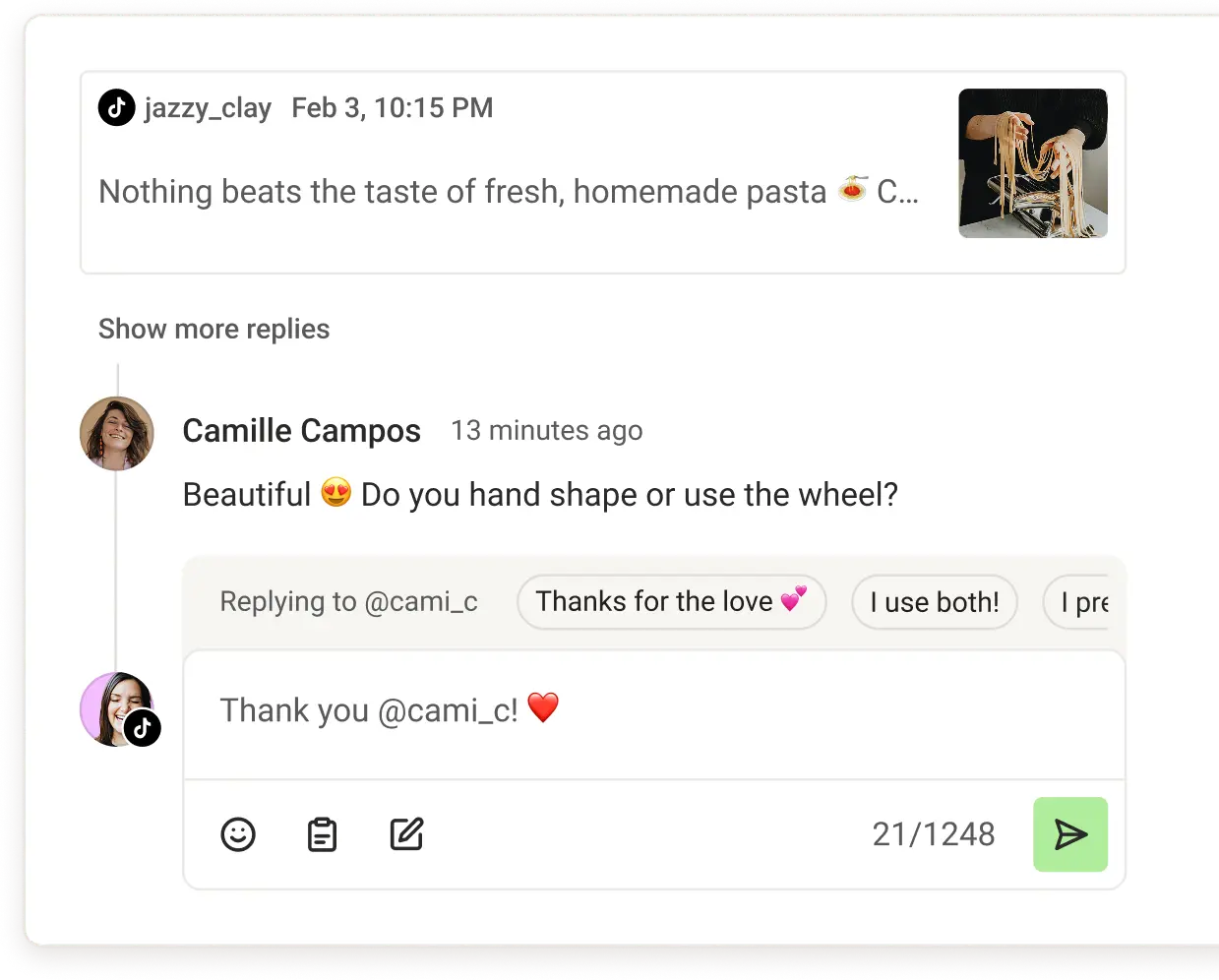 Buffer Community comment reply screen with create post from my reply option.